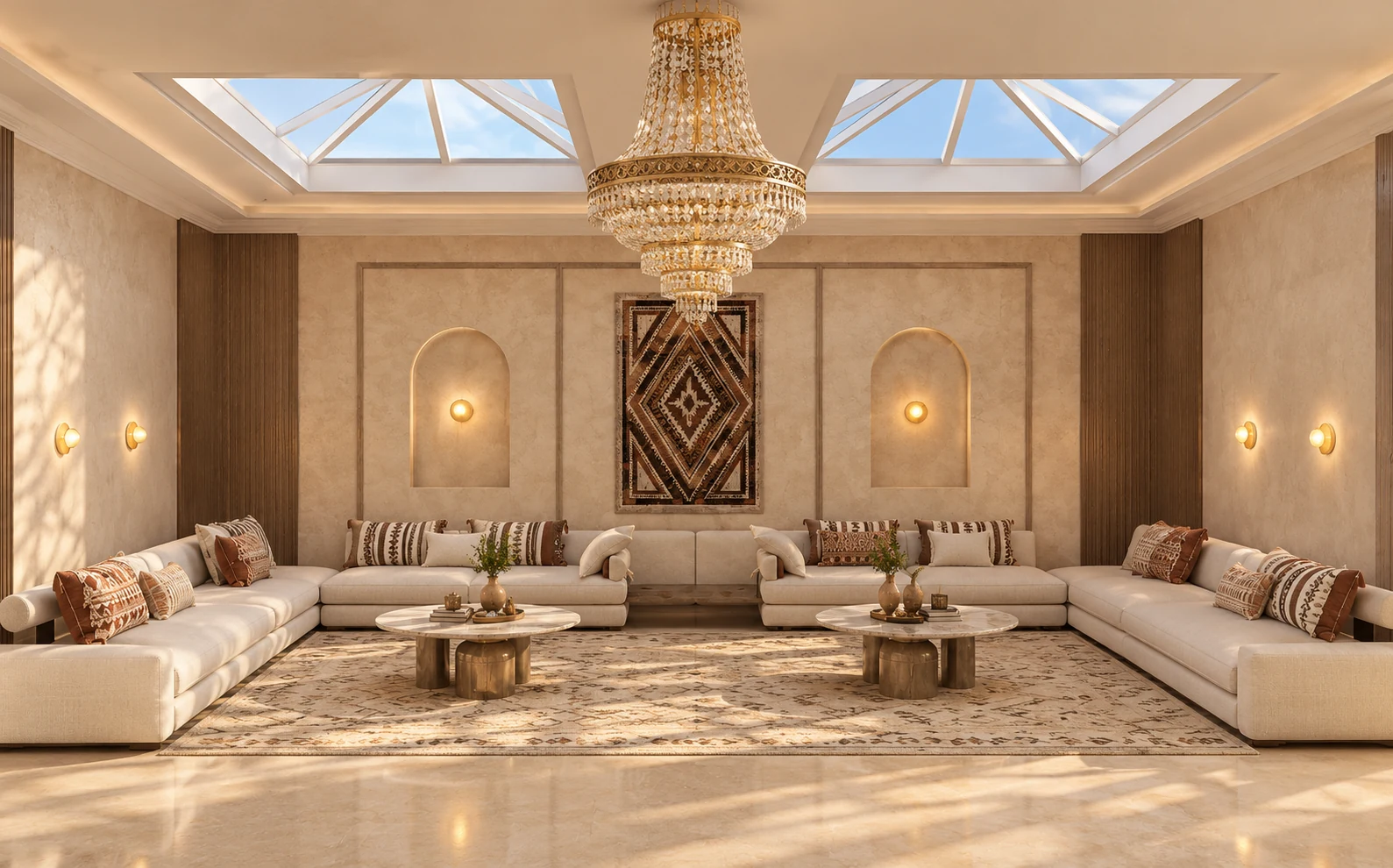 Salon marocain aux assises crème, textiles géométriques et lumière zénithale