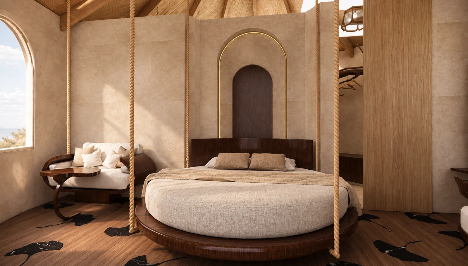 Chambre Ifri avec lit circulaire suspendu et niche en arche