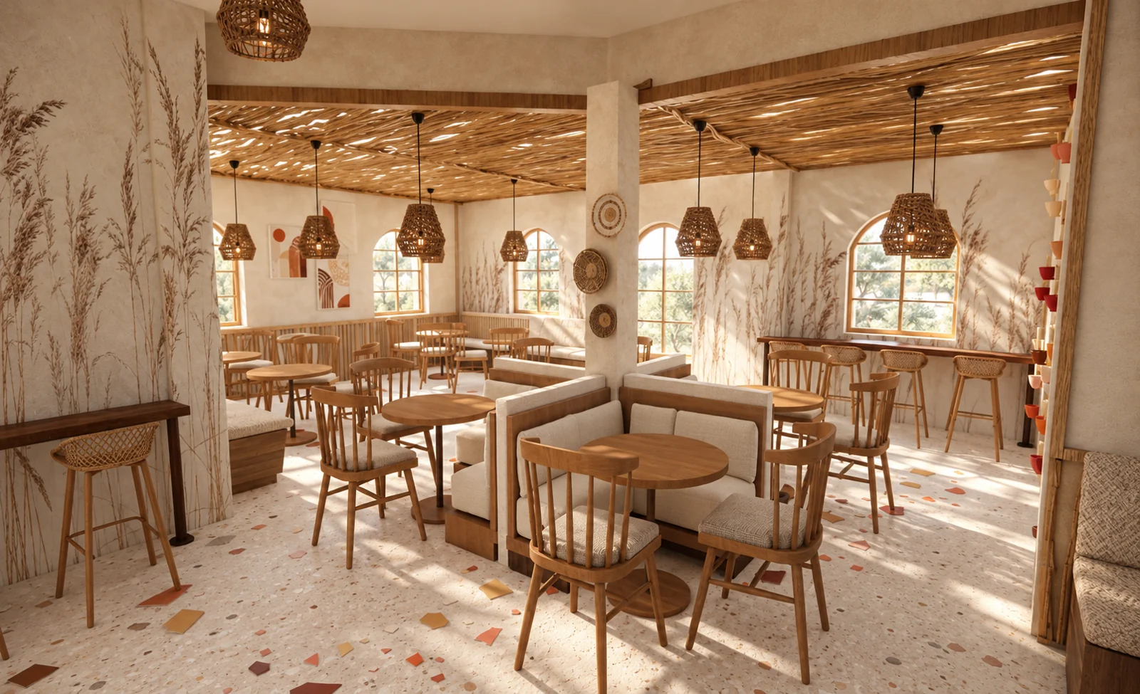 Restaurant de l’UPM avec tables en bois et suspensions tressées