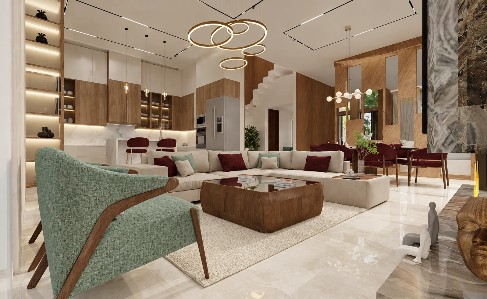 Salon de villa avec fauteuil vert, bois naturel et canapé crème