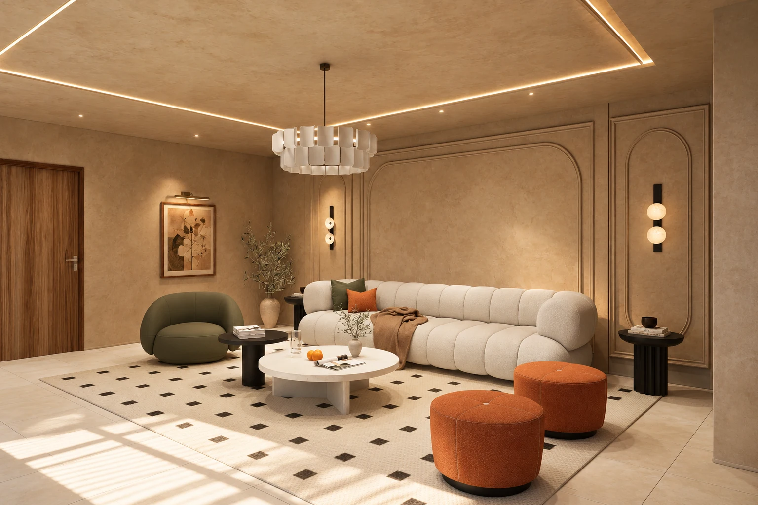 Salon aux tons crème et terre cuite avec fauteuil olive et suspension sculpturale